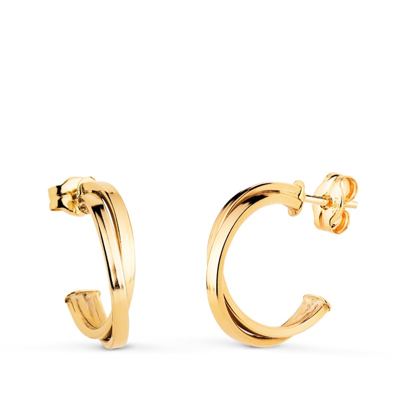 Pendientes Oro Amarillo Doble Aro Cruzado. Medida: 15X3 Mm. Cierre Presion oro 18k