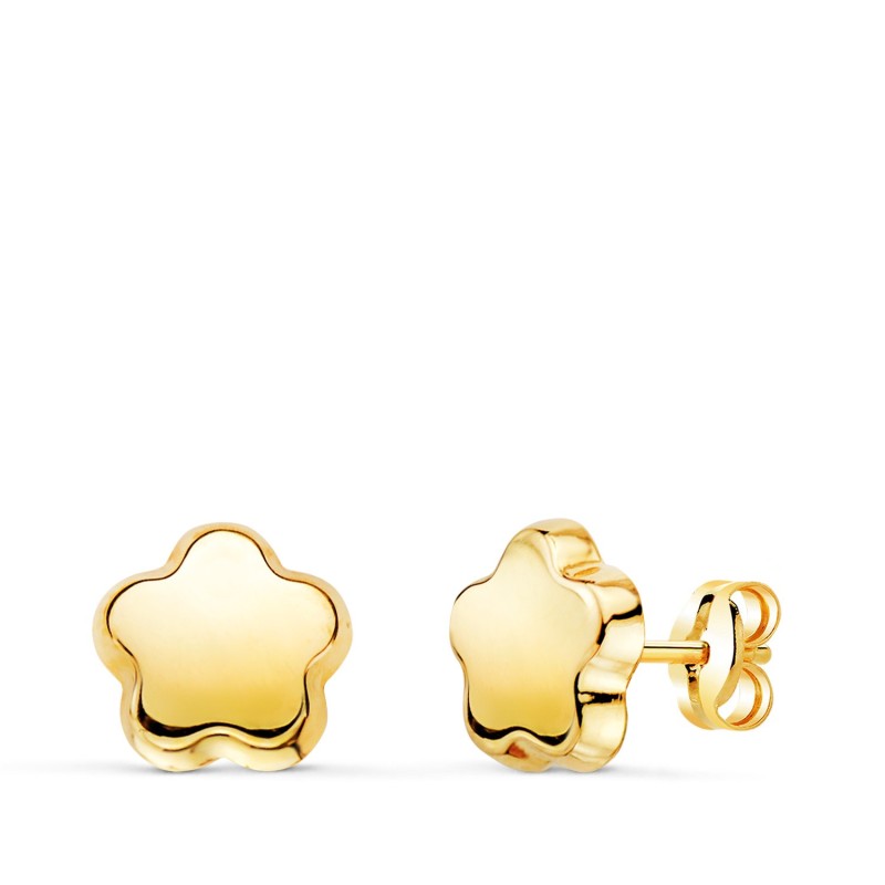 Pendientes Oro Amarillo Flor Lisa Brillo 7,5 X 7,5 Mm. Cierre Presion oro 18k