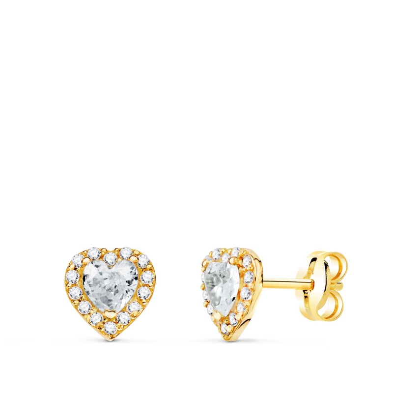 Pendientes Oro Amarillo Corazon Circonita Blancas 6,5 X 6,5 Mm. Cierre Presion oro 18k