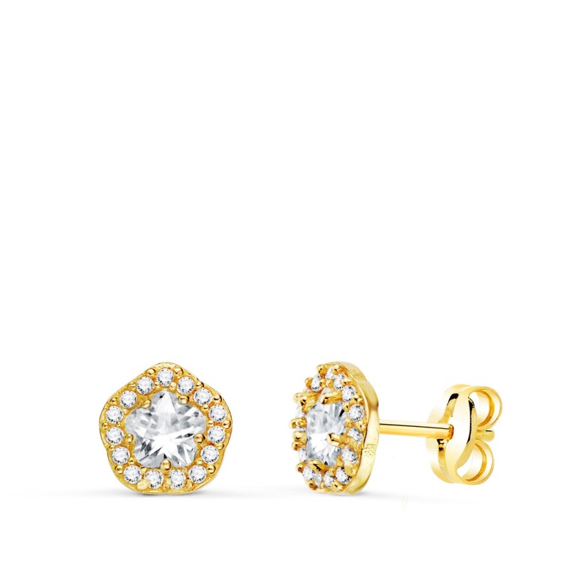 Pendientes Oro Amarillo Flor Circonita Blancas 7 X 6,5 Mm. Cierre Presion oro 18k