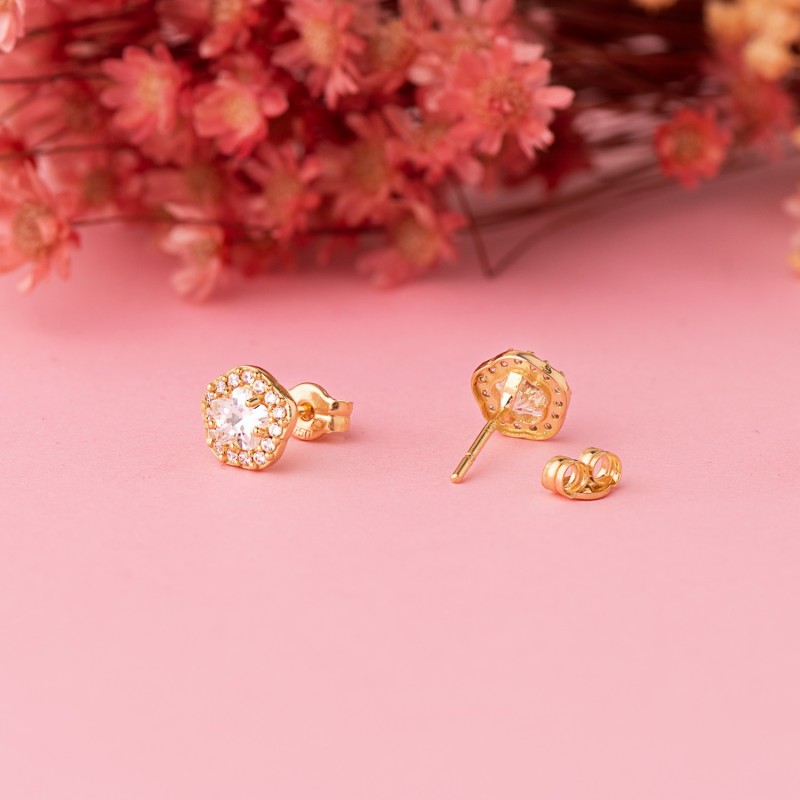 Pendientes Oro Amarillo Flor Circonita Blancas 7 X 6,5 Mm. Cierre Presion oro 18k