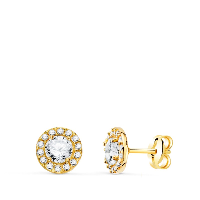 Pendientes Oro Amarillo Redondos Con Circonita Blancas. Ancho: 6,5 Mm. Cierre Presion oro 18k
