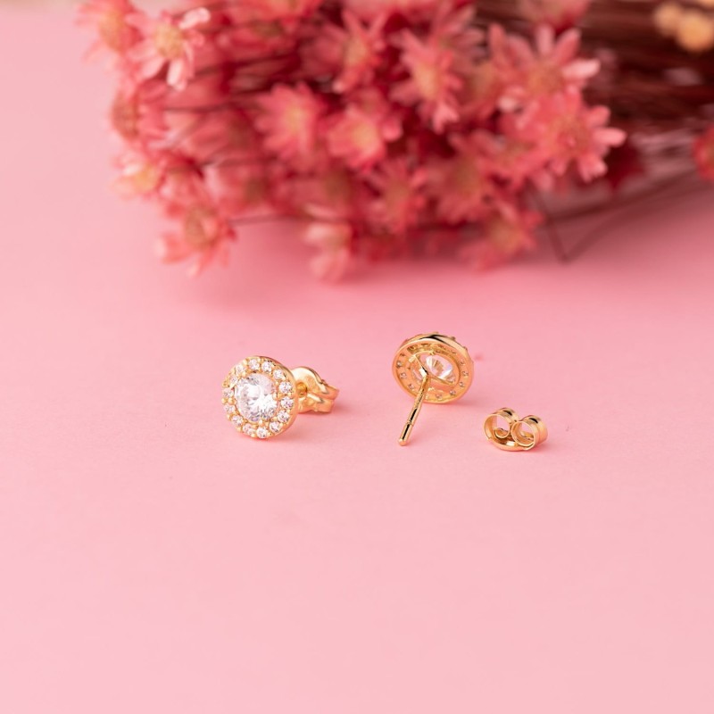 Pendientes Oro Amarillo Redondos Con Circonita Blancas. Ancho: 6,5 Mm. Cierre Presion oro 18k