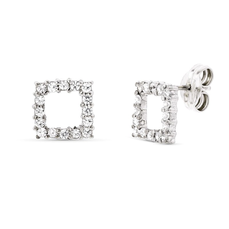 Pendientes Oro Blanco Y Circonita 9X9 Mm Cierre Presion oro 18k