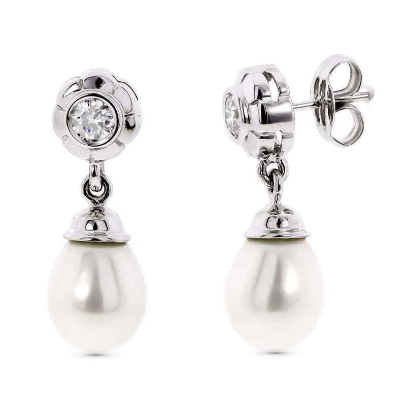 Pendientes Oro Blanco Perla Con Circonita Cierre Presion oro 18k