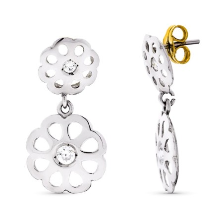Pendientes Oro Blanco Flores Circonita 20X10 Mm Cierre Presion oro 18k