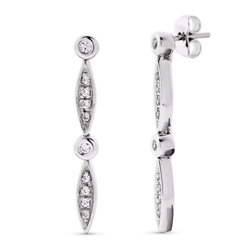 Pendientes Oro Blanco Largos Circonita 30X4 Mm Cierre Presion oro 18k