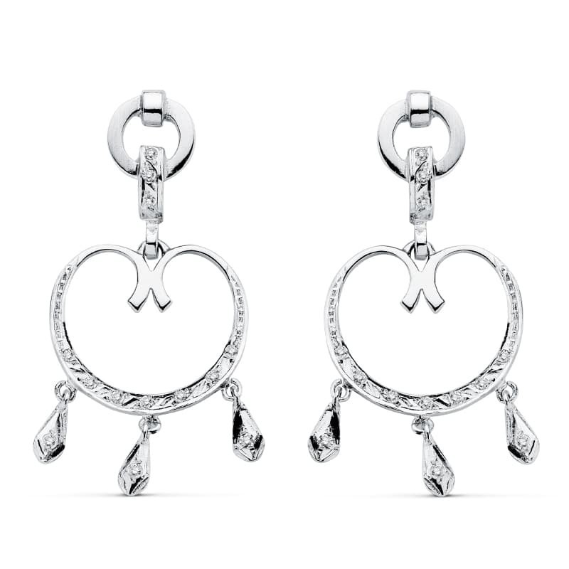 Pendientes Oro Blanco Circonita 42X20 Mm Cierre Presion oro 18k