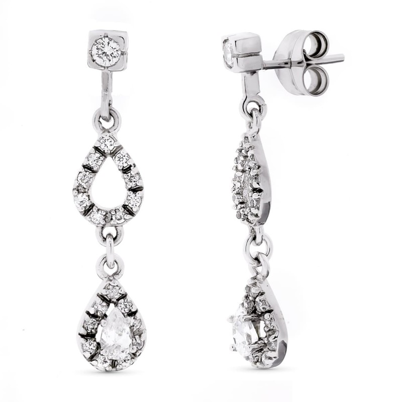 Pendientes Oro Blanco Largos Circonita 32X7 Mm Cierre Presion oro 18k