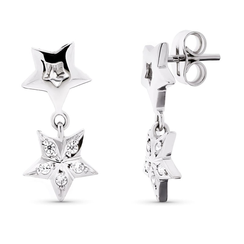 Pendientes Oro Blanco Largos Estrellas Cierre Presion oro 18k