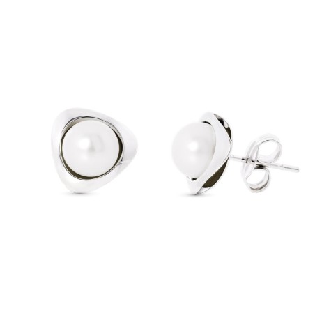 Pendientes Oro Blanco Perla Triangulo 9X9 Mm Cierre Presion oro 18k