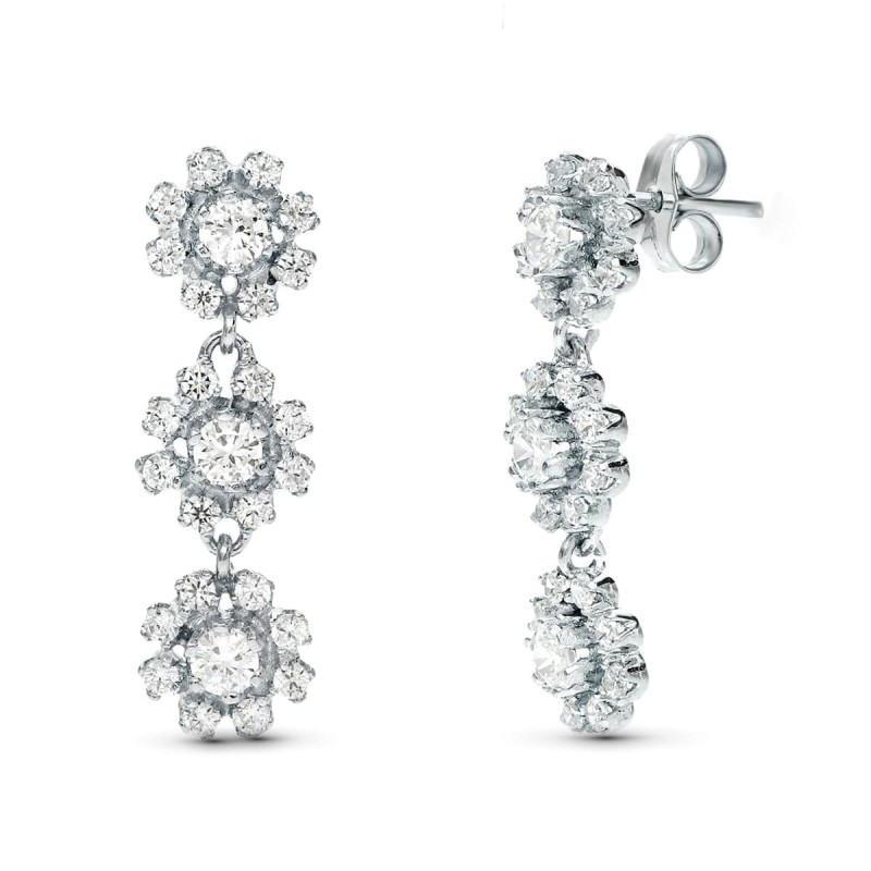 Pendientes Oro Blanco Juego Novia Largos Tres Cuajos 25X8 Mm Cierre Presion oro 18k