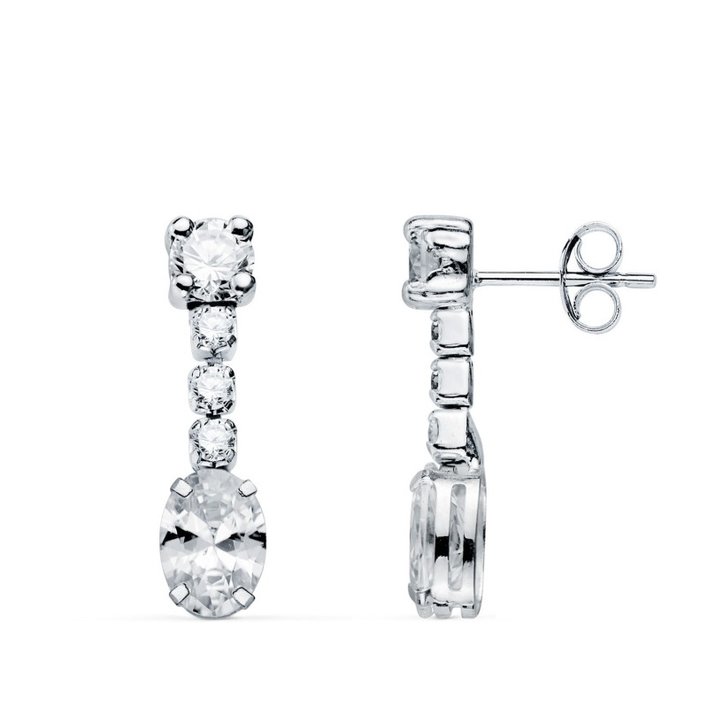 Pendientes Oro Blanco Circonita Blanca En Forma Oval Y Circonitas. 20X5 Mm. Cierre Presion oro 18k