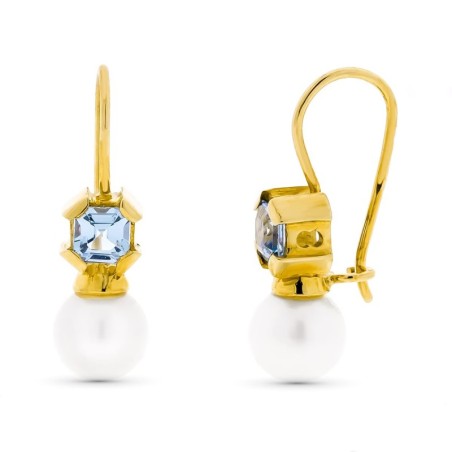 Pendientes Oro Amarillo Perla Cultivada 7 Mm Aguamarina Cierre Gancho oro 18k