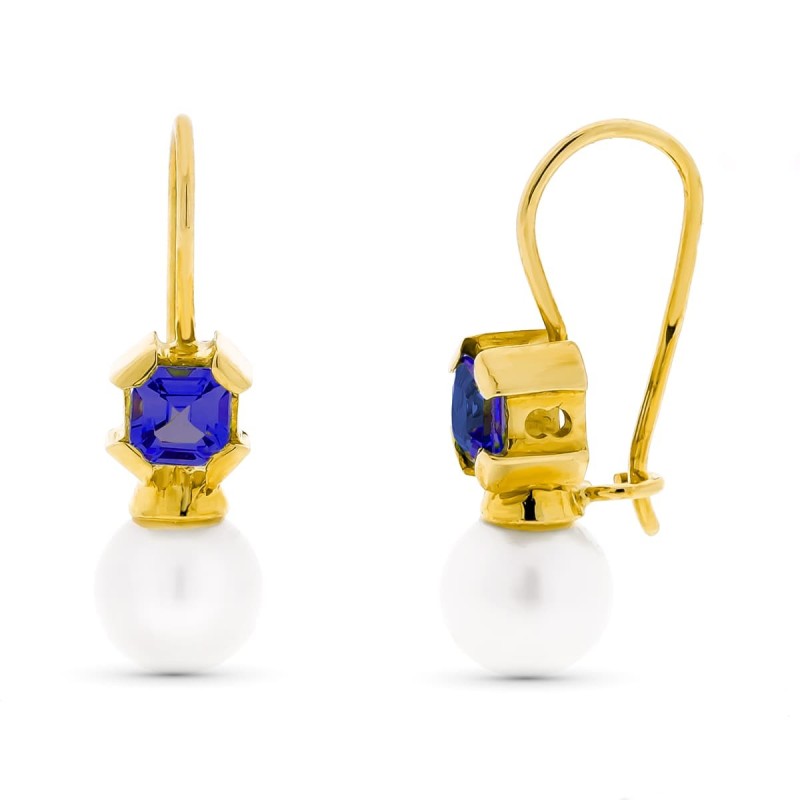 Pendientes Oro Amarillo Perla Cultivada 7 Mm Amatista Cierre Gancho oro 18k
