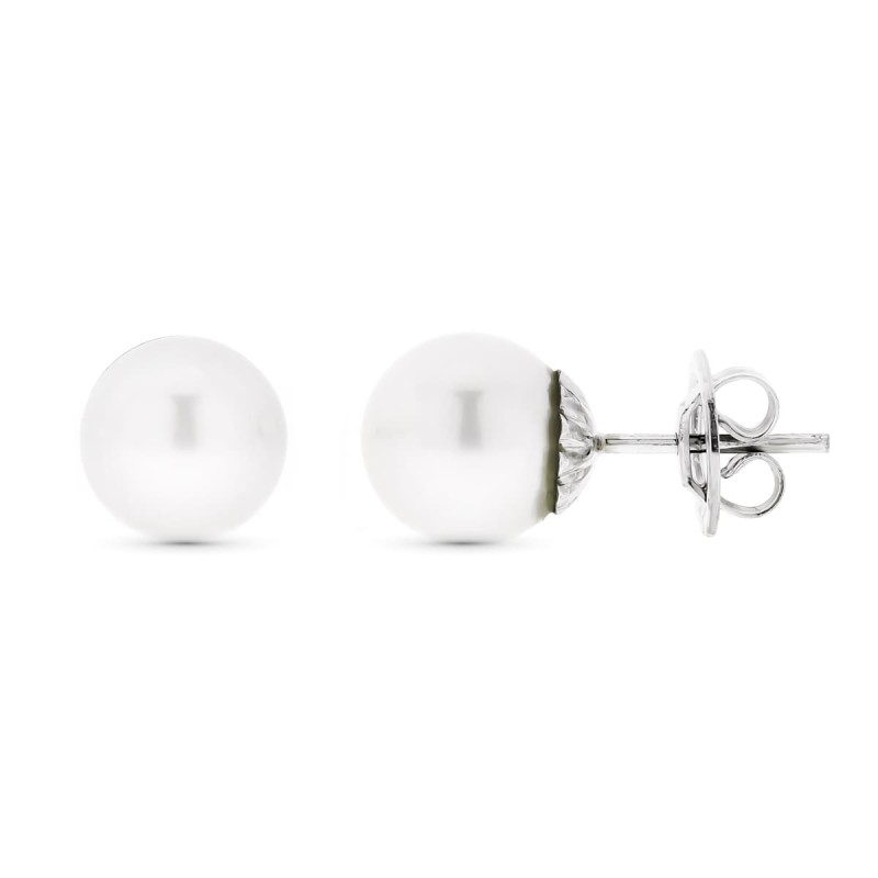 Pendientes Oro Blanco Y Perla Australiana 9 Mm Cierre Presion oro 18k