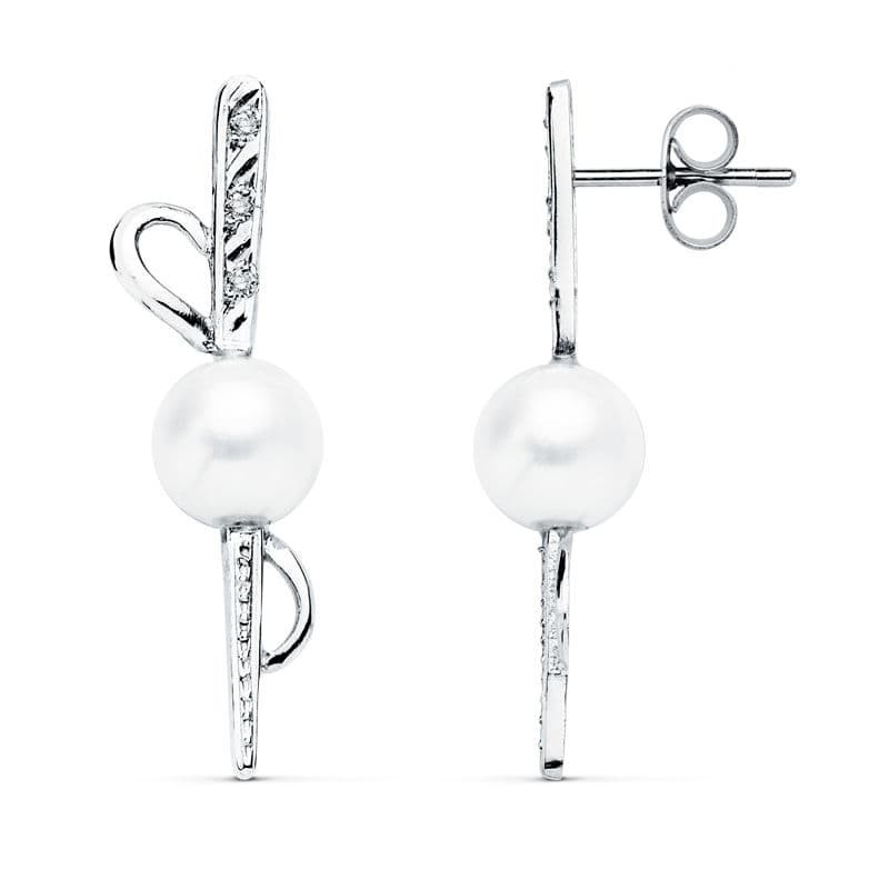 Pendientes Oro Blanco Perla 30X9 Mm Cierre Presion oro 18k