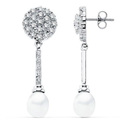 Pendientes Oro Blanco Perla 39X12 Mm Cierre Presion oro 18k