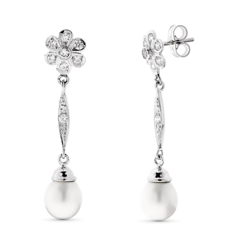 Pendientes Perla Y Flor Oro Blanco Cierre Presion oro 18k