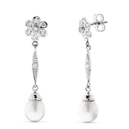 Pendientes Perla Y Flor Oro Blanco Cierre Presion oro 18k