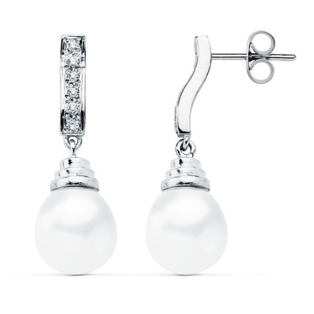 Pendientes Oro Blanco Perla 28X9 Mm Cierre Presion oro 18k