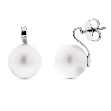 Pendientes Oro Blanco Perla 15 Mm Presion oro 18k