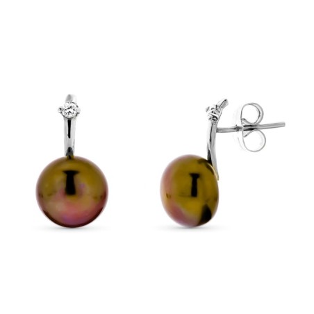 Pendientes Oro Blanco Perla Boton 10 Mm Marron Cierre Presion oro 18k