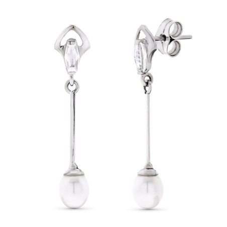 Pendientes Oro Blanco Largos Y Perlas Cierre Presion oro 18k