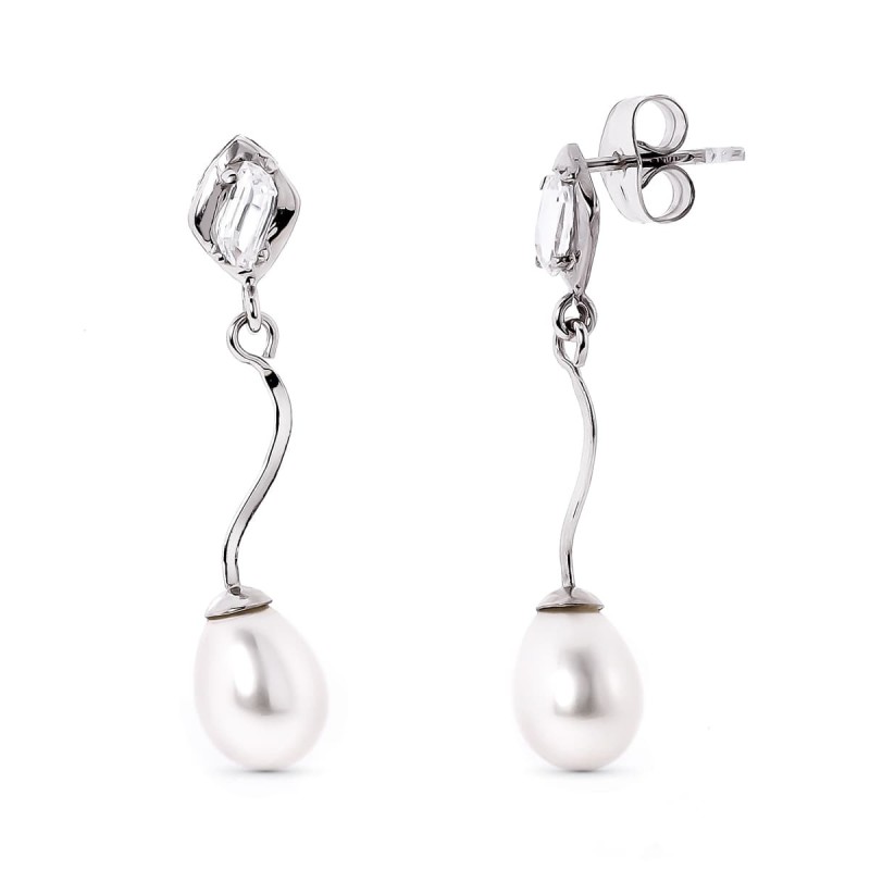 Pendientes Oro Blanco Y Perla Y Circonita Cierre Presion oro 18k