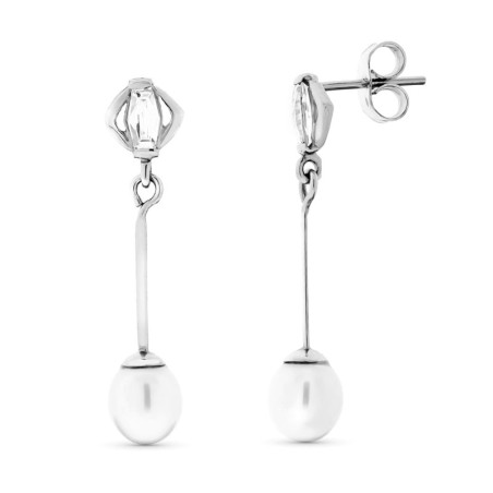 Pendientes Oro Blanco Largos Y Perlas Cierre Presion oro 18k