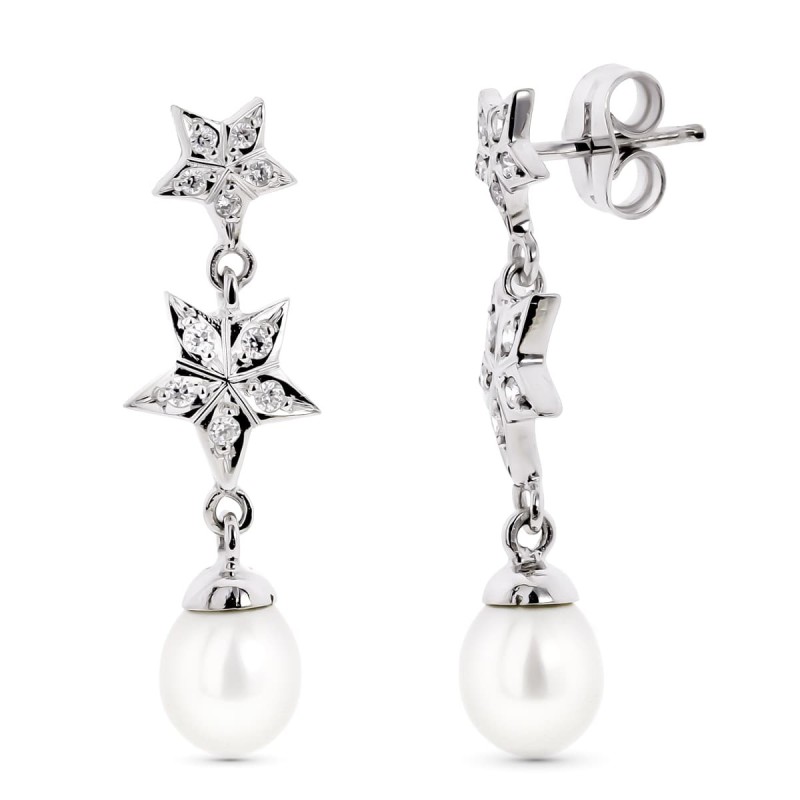 Pendientes Oro Blanco Con Estrellas Y Perla Cierre Presion oro 18k