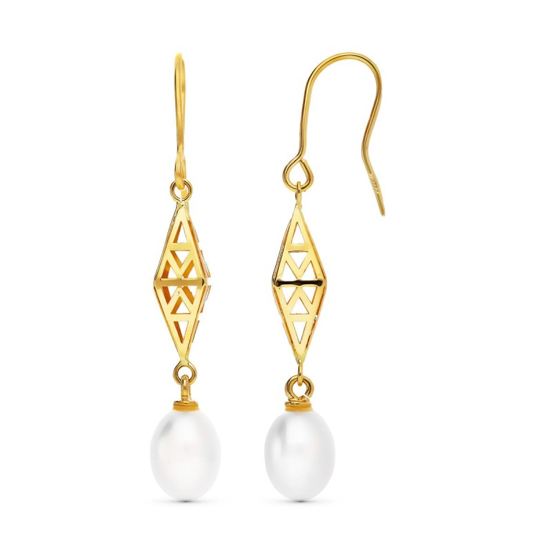 Pendientes Oro Amarillo Rombo 43X7 Mm Perla Cultivada 9X7 Mm Cierre Gancho oro 18k