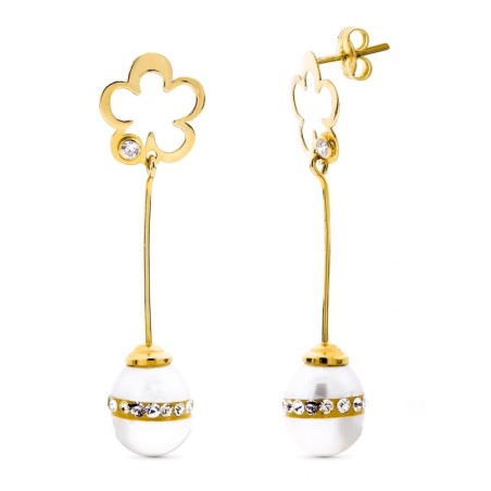 Pendientes Oro Amarillo Largos Con Flor Perla Cierre Presion oro 18k