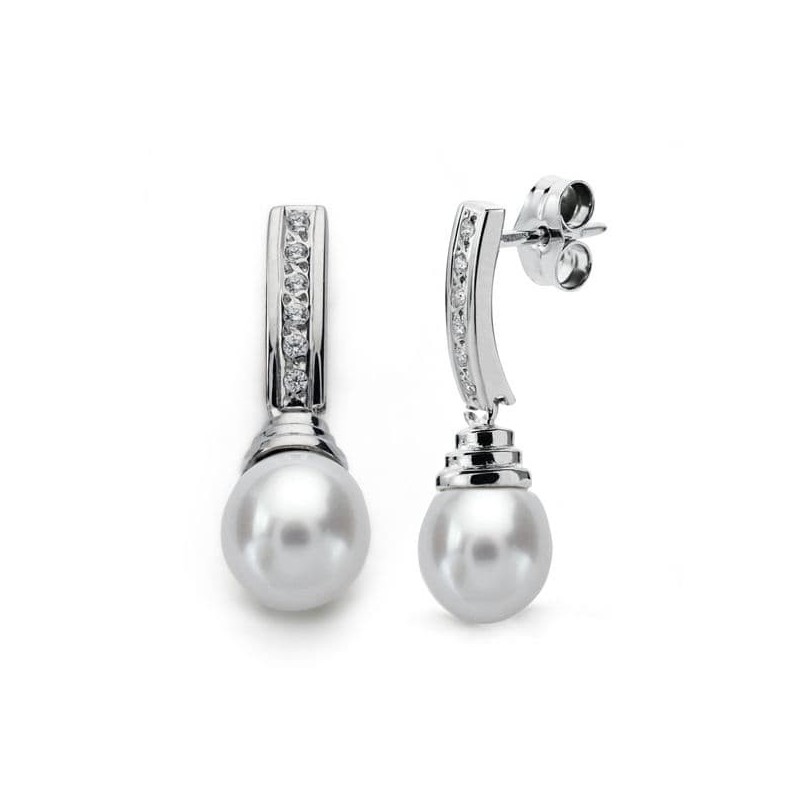 Pendientes Oro Blanco Perla 25X8 Mm Cierre Presion oro 18k