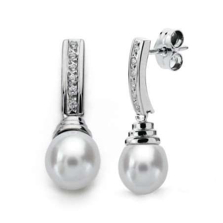 Pendientes Oro Blanco Perla 25X8 Mm Cierre Presion oro 18k