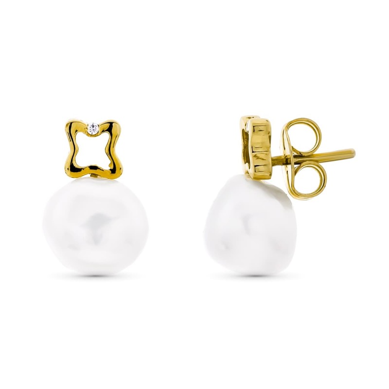 Pendientes Oro Amarillo Motivo Trebol Con Perla Cierre Presion oro 18k