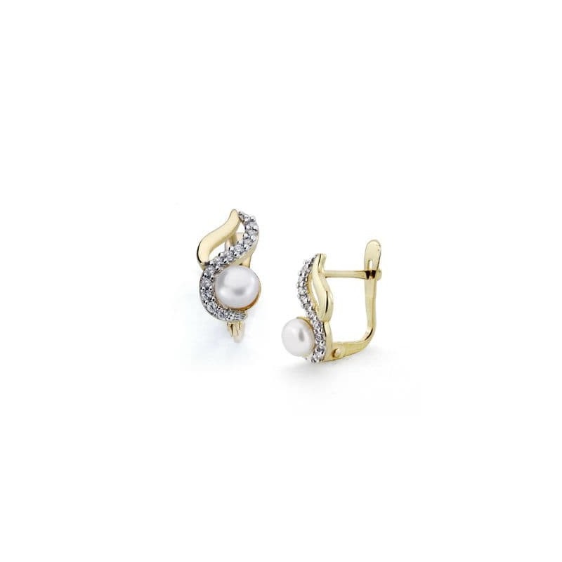 Pendientes Bicolor Perla 12X6 Mm Cierre Catalan oro 18k