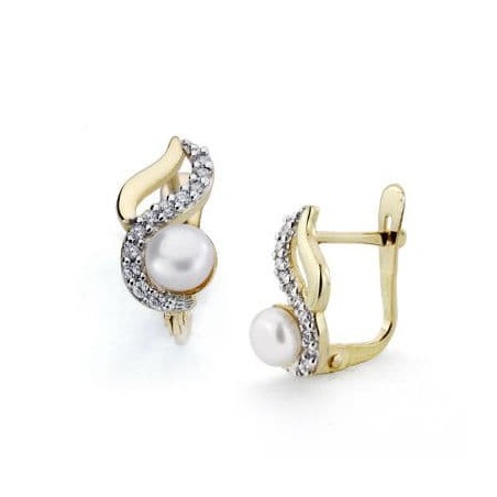 Pendientes Bicolor Perla 12X6 Mm Cierre Catalan oro 18k