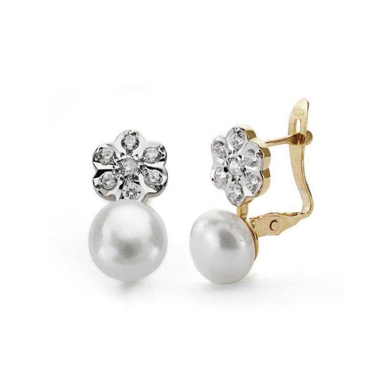 Pendientes Perla 7 Mm Y Flor Oro Bicolor Cierre Catalan oro 18k
