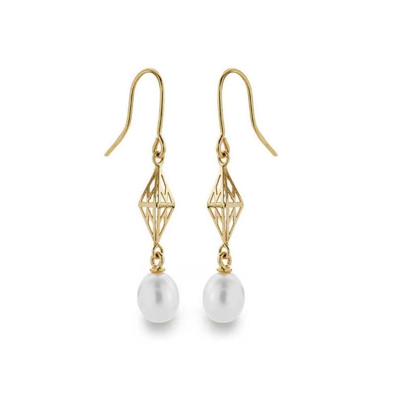 Pendientes Perla Gancho Oro Amarillo 40X7 Mm Cierre Gancho oro 18k