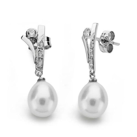 Pendientes Oro Blanco Perla 23X7 Mm Cierre Presion oro 18k