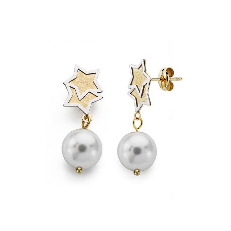 Pendientes Bicolor Perla 25X8 Mm Cierre Presion oro 18k