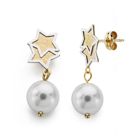 Pendientes Bicolor Perla 25X8 Mm Cierre Presion oro 18k