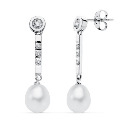 Pendientes Perla Oro Blanco Circonita Presion oro 18k