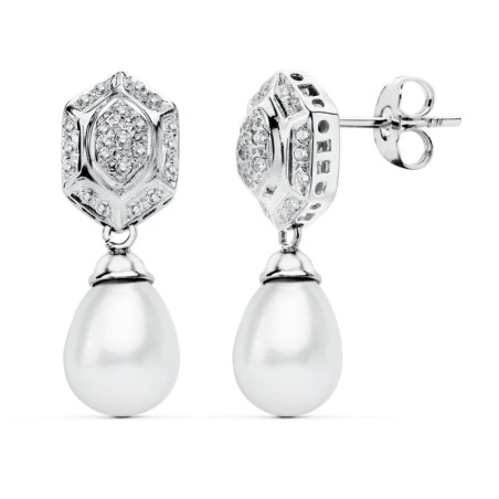 Pendientes Perla Oro Blanco Circonita Presion oro 18k
