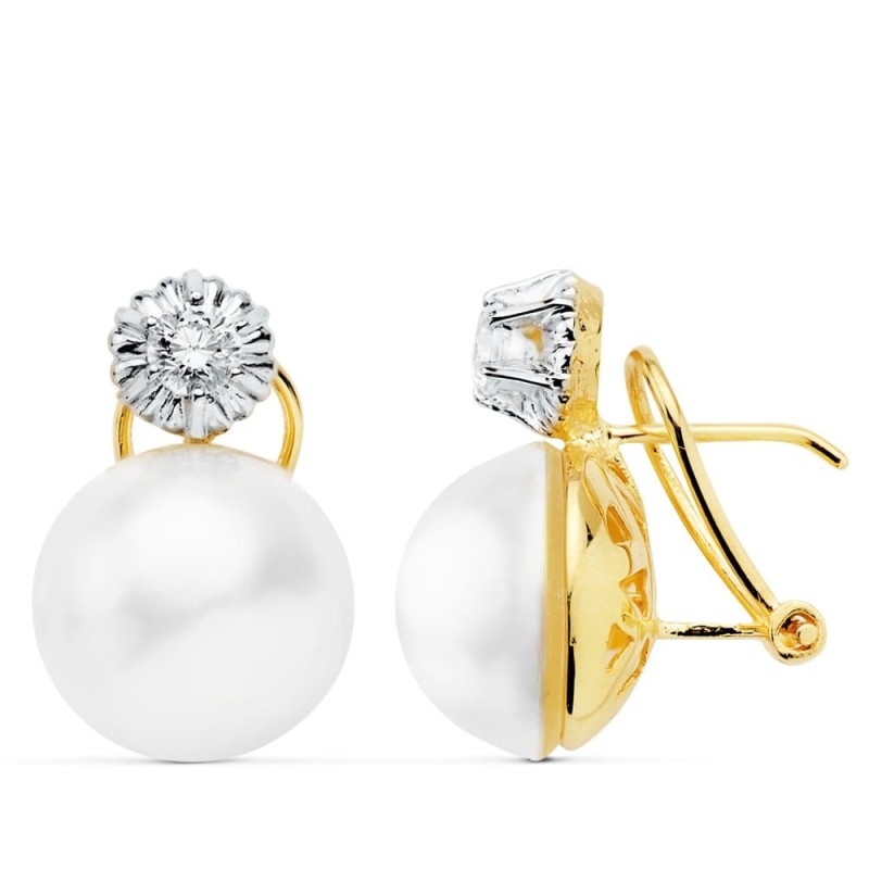 Pendientes Bicolor Perla Japonesas 13 Mm Cierre Omega oro 18k