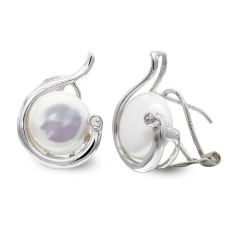 Pendientes Oro Blanco Perla Boton 10 Mm Cierre Omega oro 18k
