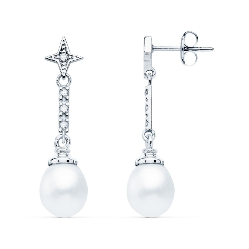 Pendientes Oro Blanco Perla Y Circonita 28X8 Mm Cierre Presion oro 18k