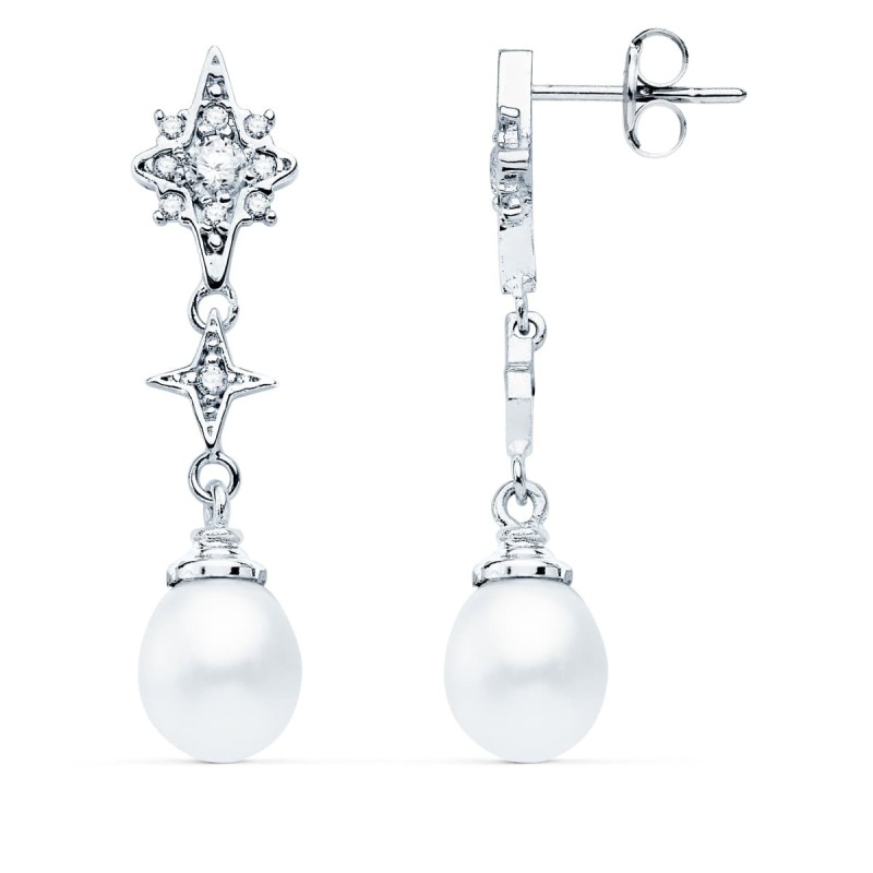 Pendientes Largos Oro Blanco Perla Y Circonita 35X8 Mm Cierre Presion oro 18k