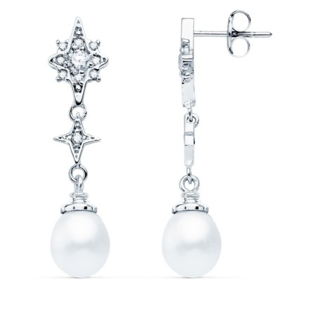 Pendientes Largos Oro Blanco Perla Y Circonita 35X8 Mm Cierre Presion oro 18k